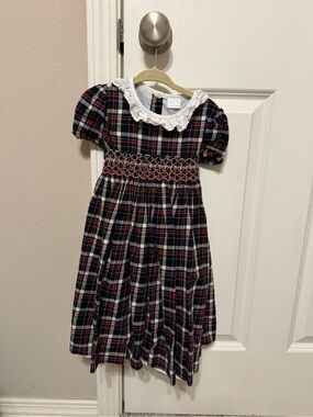 Edgehill Collection Black and Red Plaid Smocked Dress with White Collar